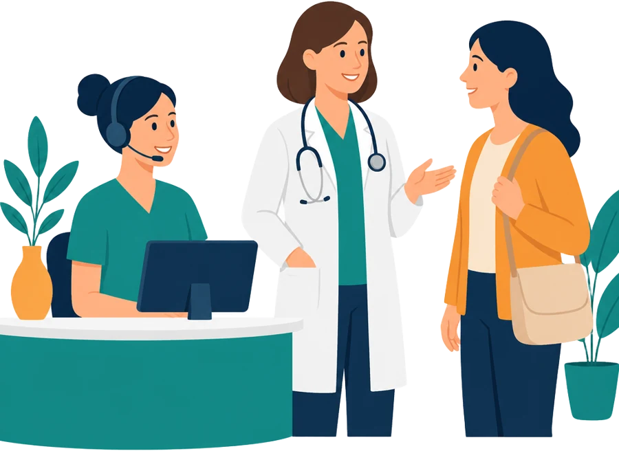 Zeichentrick-Illustration eines Schweizer Praxisteams: MPA am Empfang mit Headset, Ärztin mit Stethoskop und eine Patientin